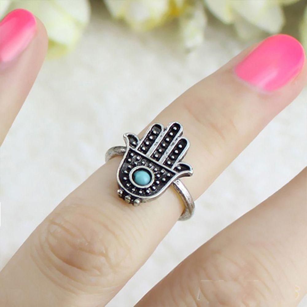 AROMA Nhẫn Mạ Bạc Đính Hạt Xanh Lam Hình Bàn Tay Fatima Phong Cách Retro Thanh Lịch Phổ Biến