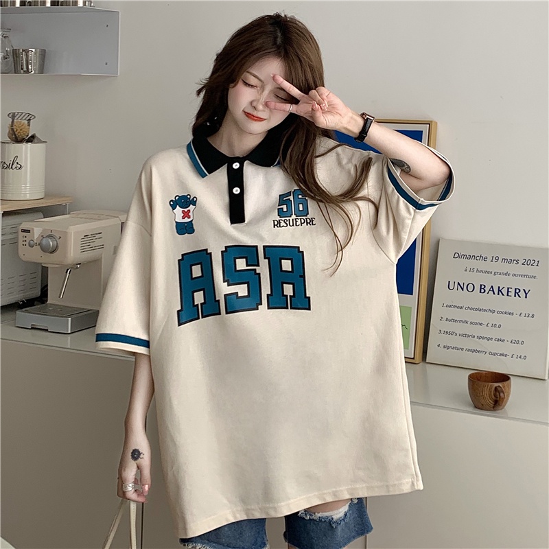 Áo polo Tay Ngắn Dáng Rộng In Chữ Phong Cách Retro Thời Trang Mùa Hè Cho Nữ
