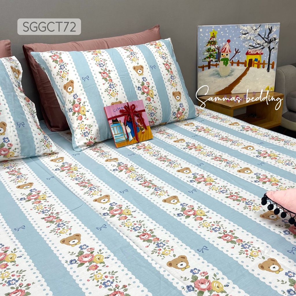 Ga Trải Giường 3 Món Cotton 100%, Bộ Drap Giường Hoa Xanh Kèm Vỏ Gối Thoáng Mát Bốn Mùa