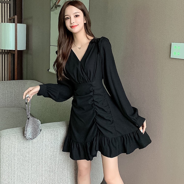 Đầm ôm eo màu đen phong cách Pháp thời trang mùa thu cho nữ