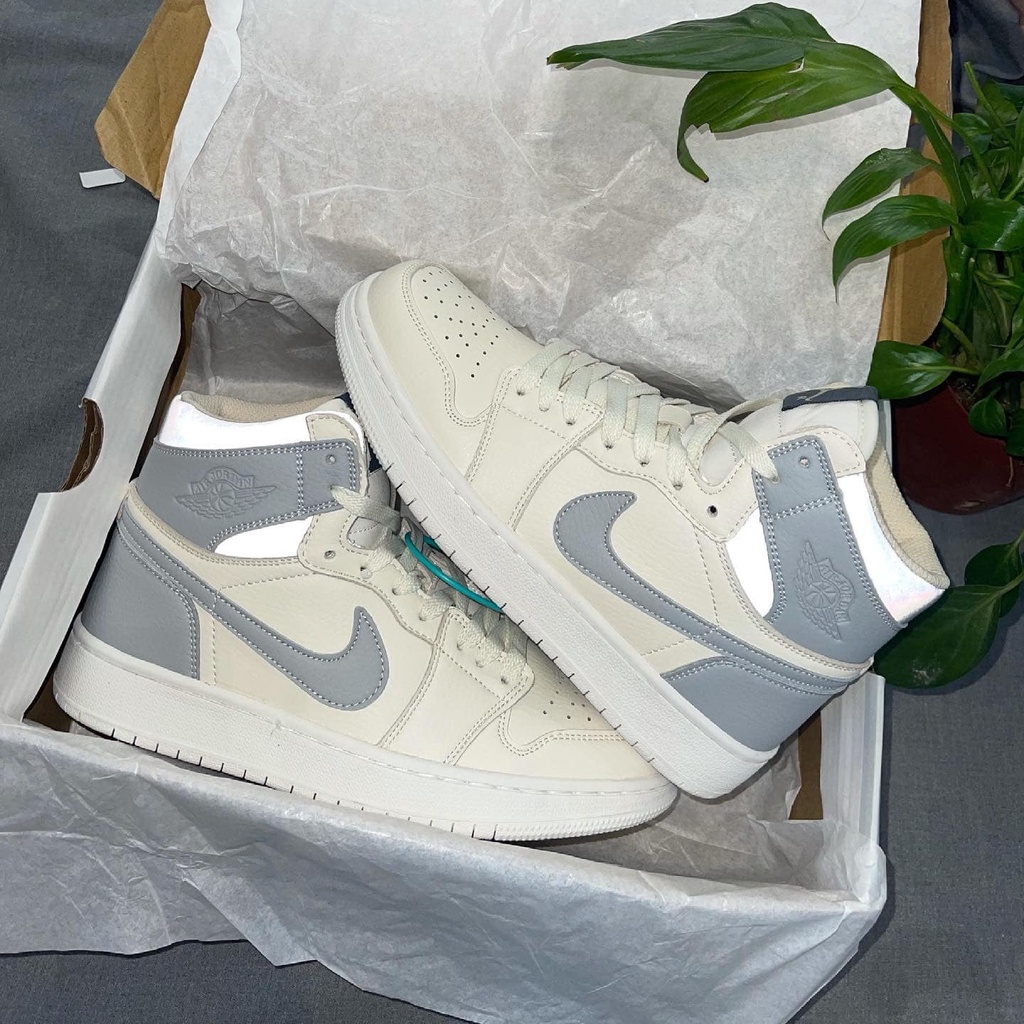 Giày thể thao sneaker jd kem xám, giày sneaker jordan cao cổ phản quang bản cao cấp