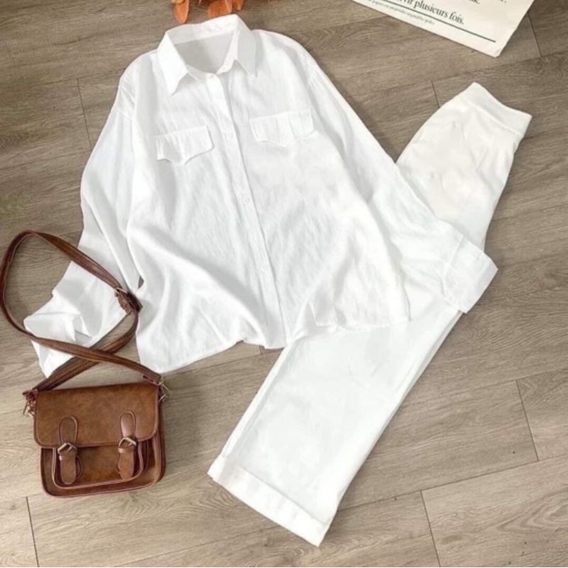 Set bộ đũi xước màu trắng quần culottes có lót trong dày dặn ống suông kèm áo sơ mi phối 2 túi ngực basic trẻ trung nữ