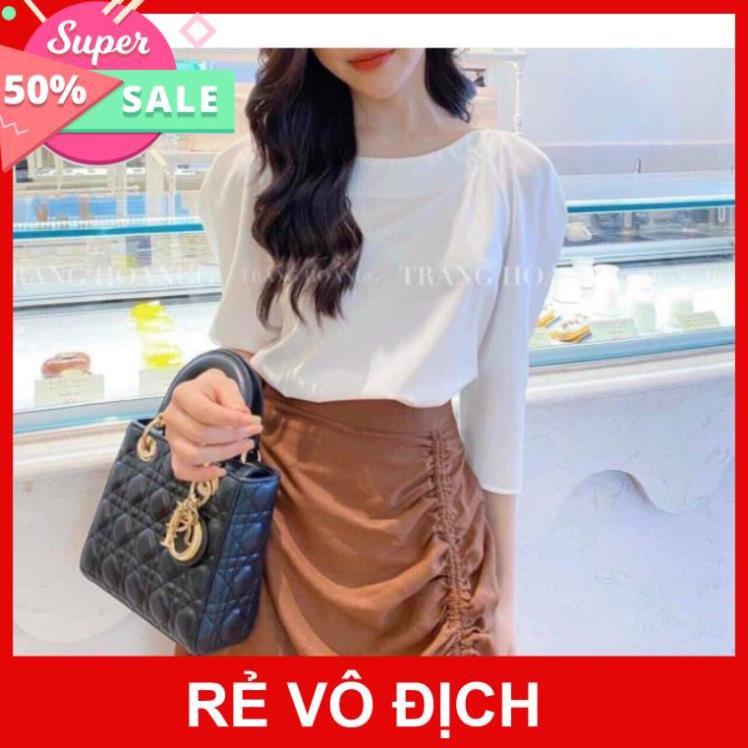Bộ Áo Cổ Thuyền Tay Lỡ Chân Váy Nhúm Dây Rút ,Áo Trắng Tay Lỡ Chân Váy Nâu Chất Đũi X055