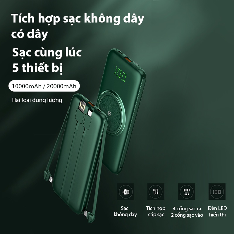 Pin sạc dự phòng không dây YM-369 tích hợp sẵn 4 cáp sạc dung lượng 10000mAh siêu mỏng hiển thị LED sạc nhanh 2.1A