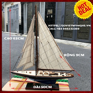 Mô hình thuyền gỗ trang trí mô hình du thuyền đua Shamrock V - Thân tàu dài 50cm - Sơn Xanh/Đen