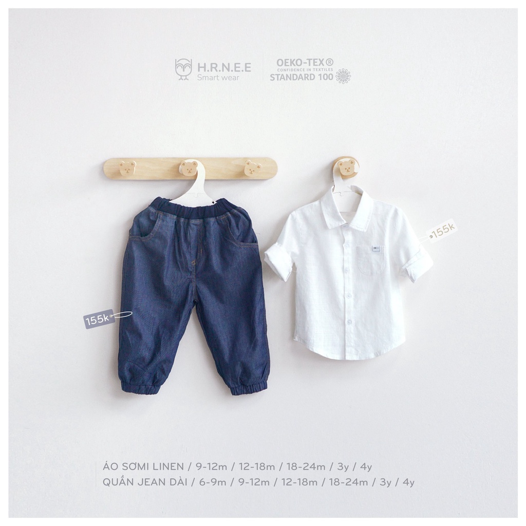 Set áo sơ mi, quần jean, yếm jean dài Bé Trai dài Tay Hrnee cao cấp thời trang cho bé