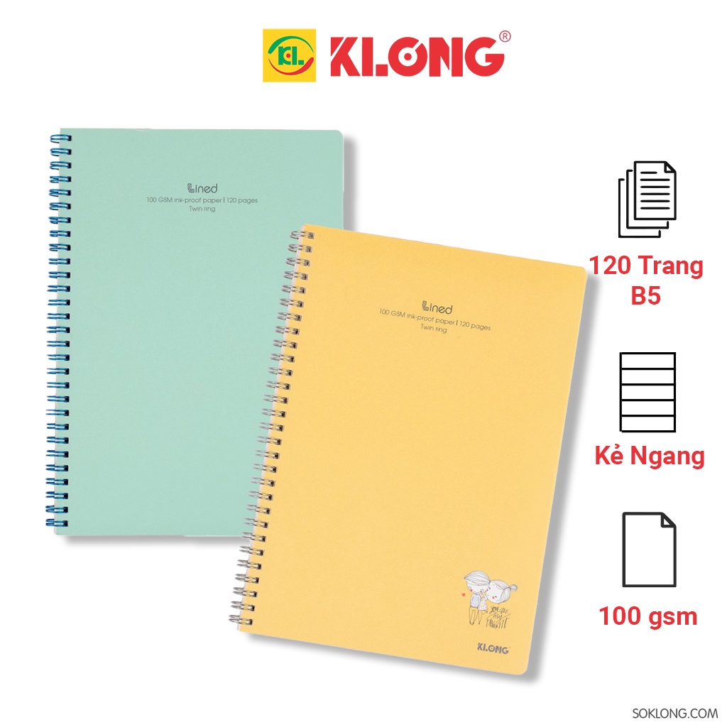 Vở kẻ ngang 120 trang B5 lò xo kép bìa nhựa MS 581 Lined, tập sổ Klong Chọn Màu