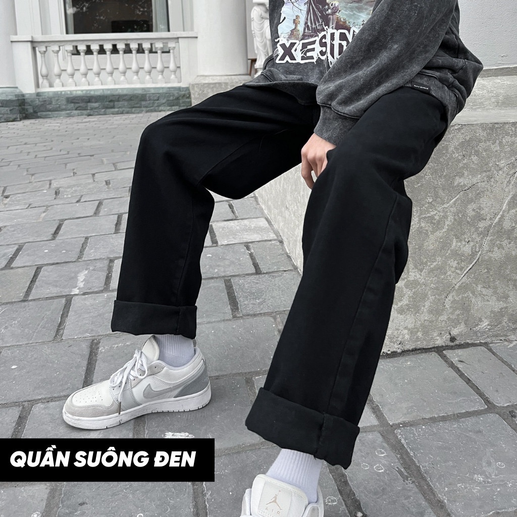 Quần Baggy Đen Jeans Suông Đen Nam Bò Đen Nam Rách Gối
