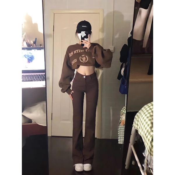 [ORDER 30 NGÀY] Quần jean nữ ống loe cạp cao màu nâu ống dài phong cách Hàn Quốc