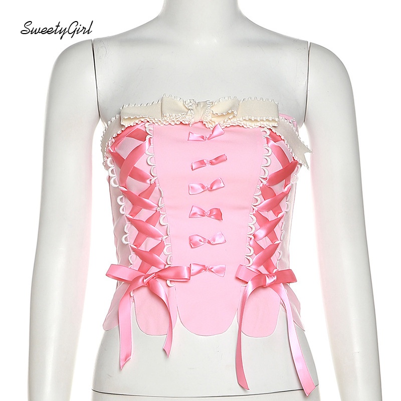 Áo Ống Ôm Eo Hở Vai Đính Nơ Màu Hồng Tương Phản Dễ Thương Thời Trang 2022 Cho Bạn Gái