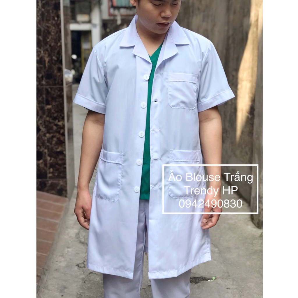 Áo choàng blouse trắng bác sĩ, dược sĩ nam dài tay, cộc tay Lon Nhật mát
