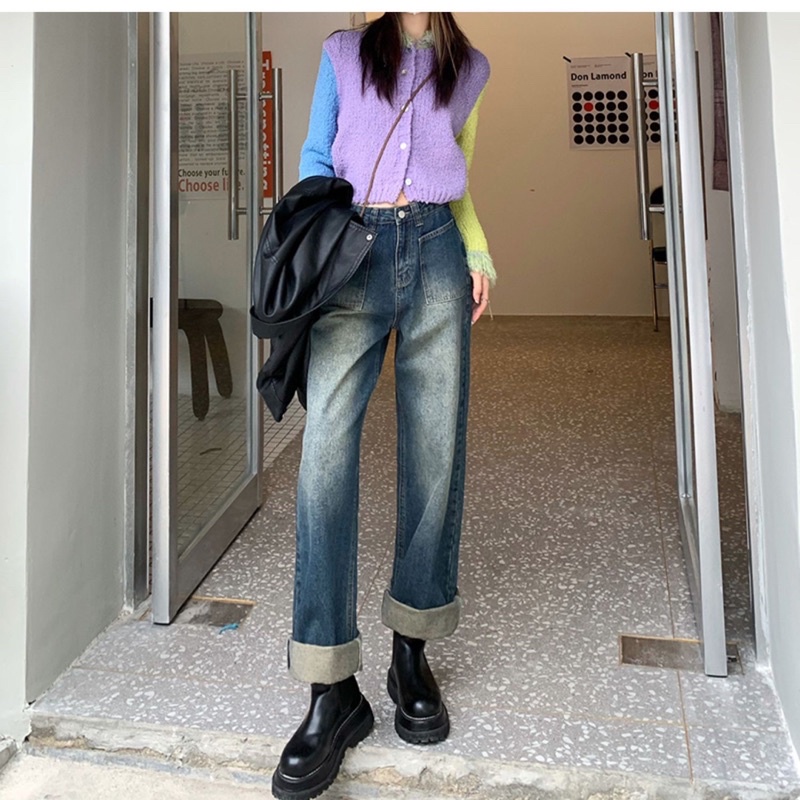 Quần Jeans Nữ Cạp Cao Màu Xanh Vintage Phong Cách Thời Trang Hàn Quốc 2022 Siêu Thời Thượng