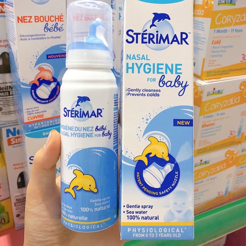 Xịt muối biển cá heo vàng xanh và cá heo cam  vệ sinh, hỗ trợ sổ mũi, nghẹt mũi cho bé 0-3 tuổi Sterimar, Pháp