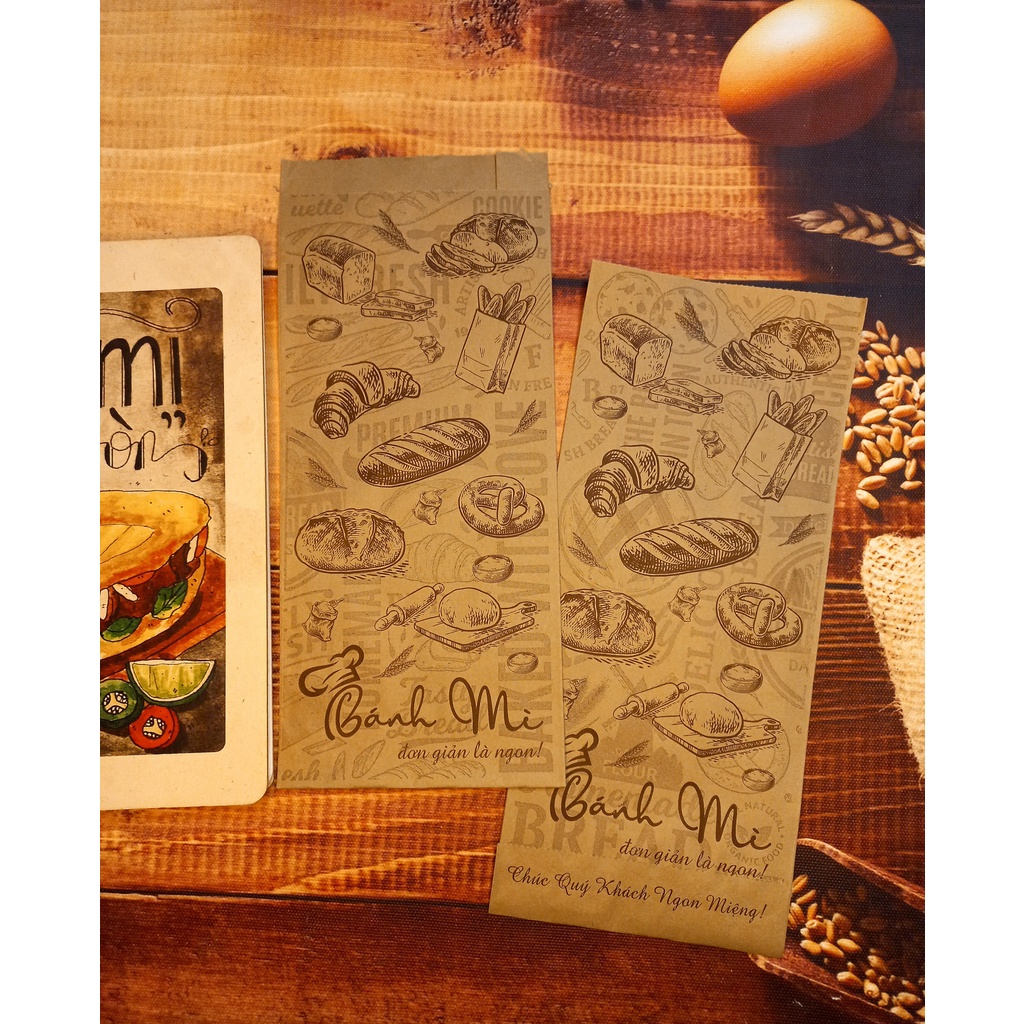 100 Túi Giấy ĐỰNG BÁNH MÌ TRUYỀN THỐNG HỌA TIẾT BÁNH MÌ. size 24x10x4cm - Giấy Thực Phẩm Kraft