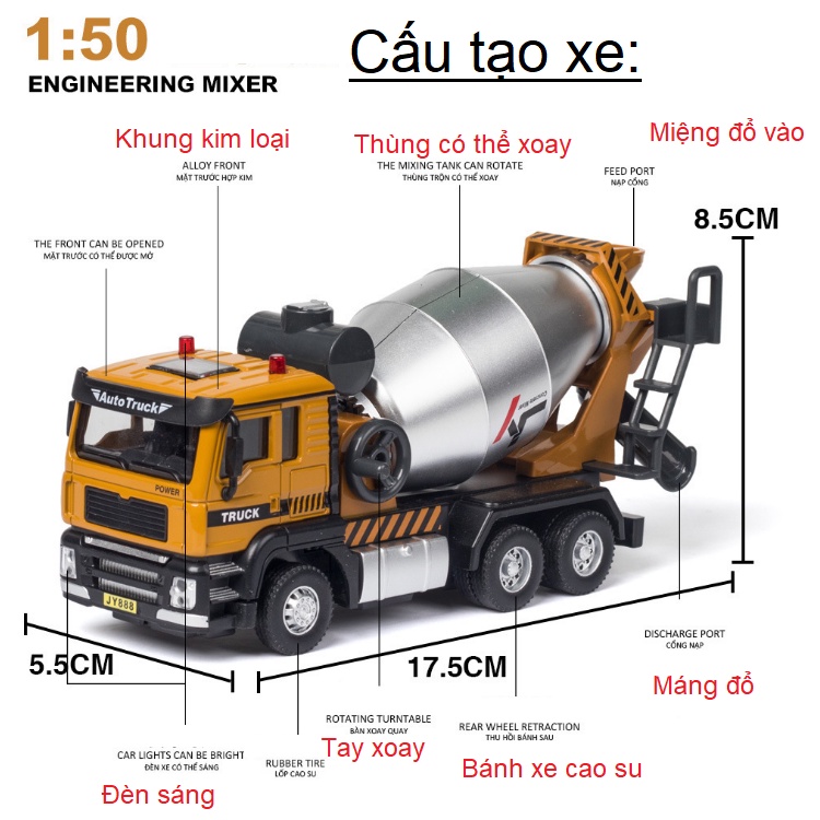 Mô hình xe chở bê tông bằng hợp kim nhựa tỉ lệ 1:50 có âm thanh và đèn xoay được thùng trộn