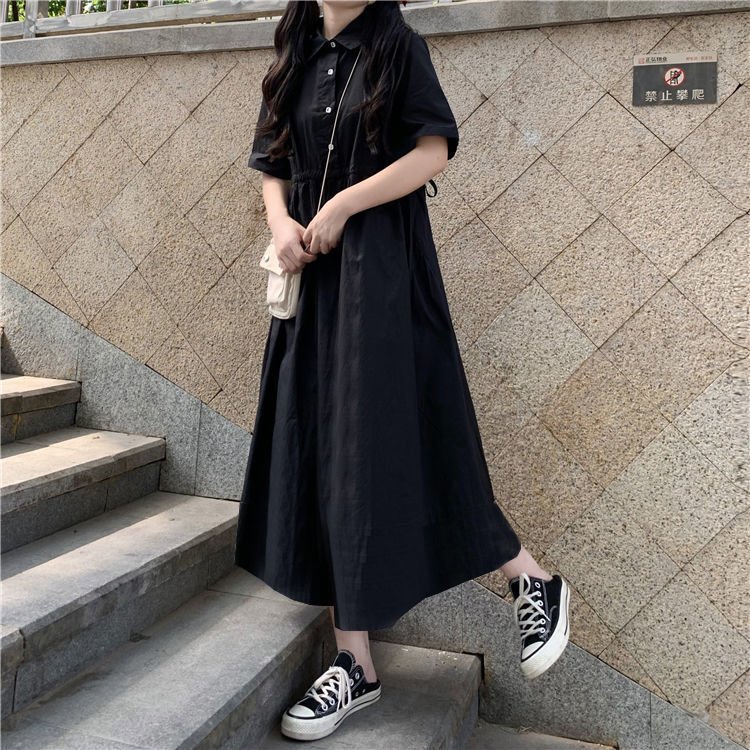 Đầm ngắn tay cổ tròn eo cao thời trang Hàn Quốc dành cho nữ