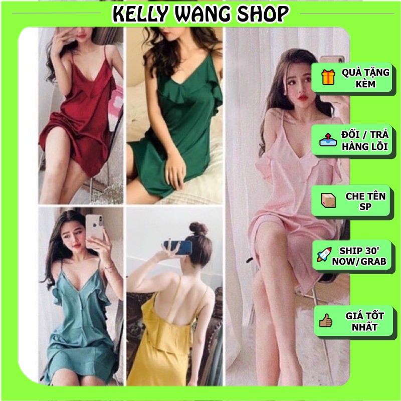 Váy ngủ lụa KELLY WANG sx165 đắp bèo lụa satin cao cấp - đầm ngủ lụa satin