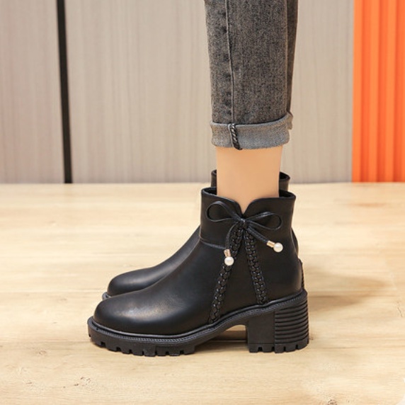 Boot Nữ Giày Bốt Nữ Đính Nơ Cao Gót	5CM Cổ Cao