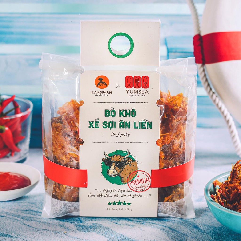 Bò khô xé sợi ăn liền Yumsea, 450g, bịch, mẫu mawashi L'angfarm