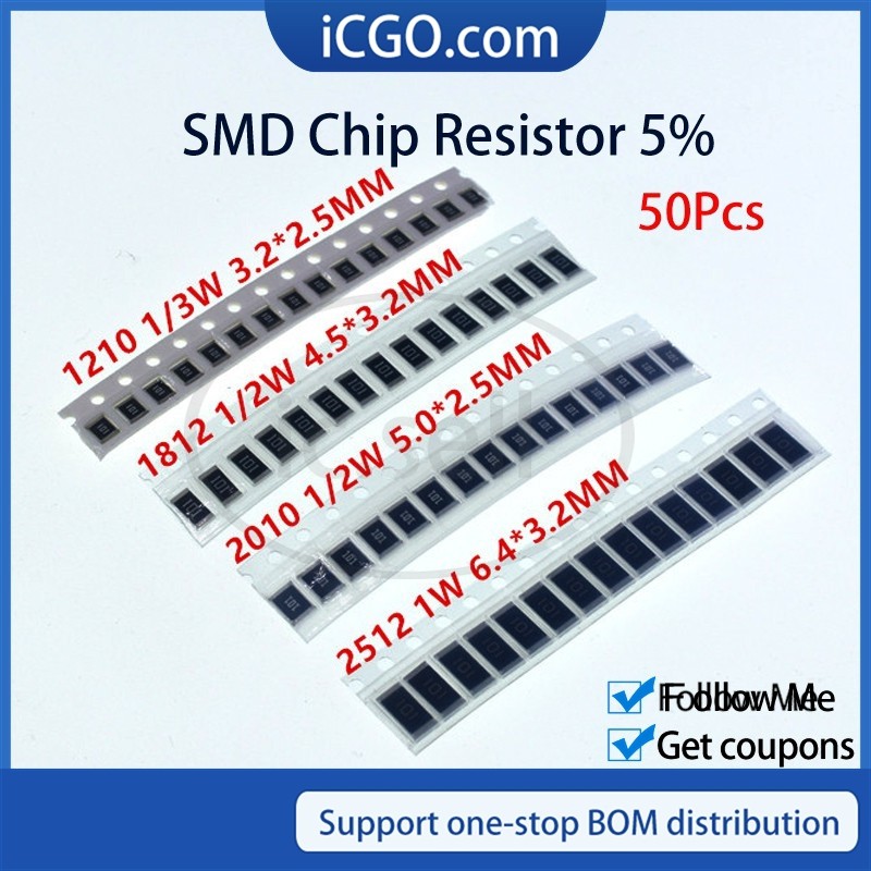 Set 50 Chip Điện Trở 1210 1812 2010 2512 Smd 3k 3.3k 3.6k 3.9k 4.3k 4.7k 5.1k 5.6k 6.2k 6.8k 7.5k 8.2k Ohm 5%