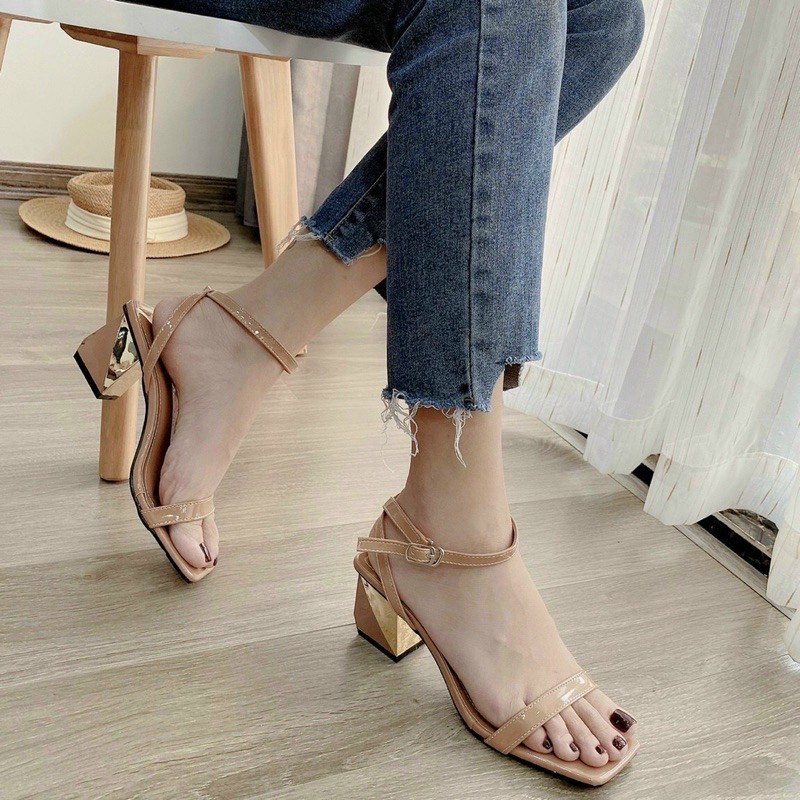 Sandal / Giày cao gót nữ 5 cm gót trụ tag vàng màu đen nude coa cấp công sở đi làm đi chơi