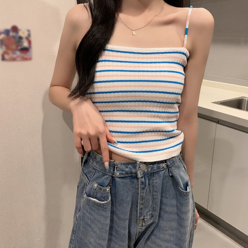 Áo Croptop Hai Dây Dệt Kim Ôm Dáng Họa Tiết Kẻ Sọc Nhiều Màu Cho Nữ