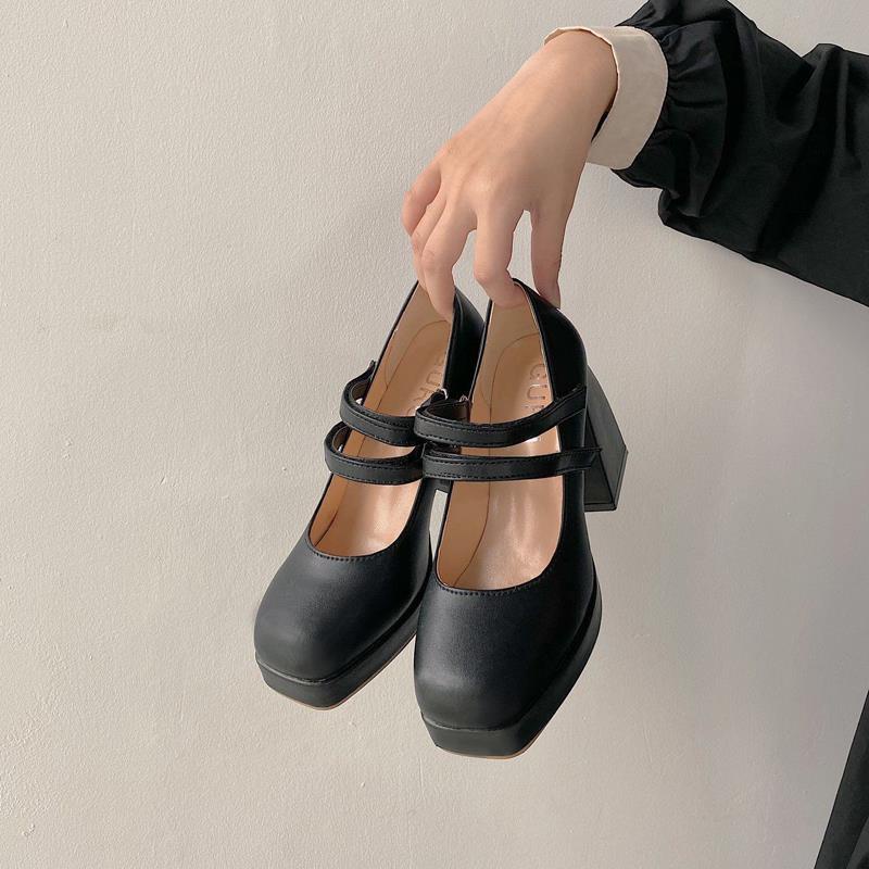 Giày Cao Gót Đế Dày Mũi Vuông Chống Thấm Nước Phong Cách Retro Cho Nữ