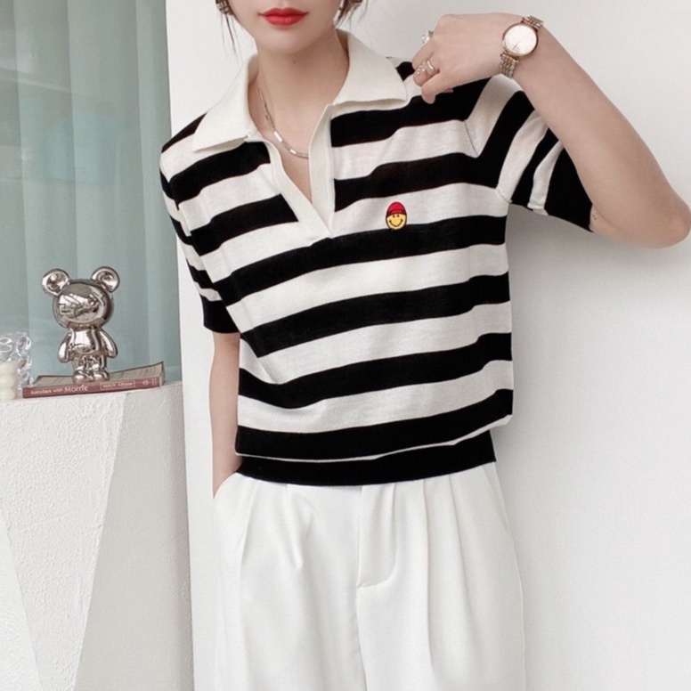 Áo thun ZHELIHANGFEI dệt kim ngắn tay họa tiết kẻ sọc trẻ trung