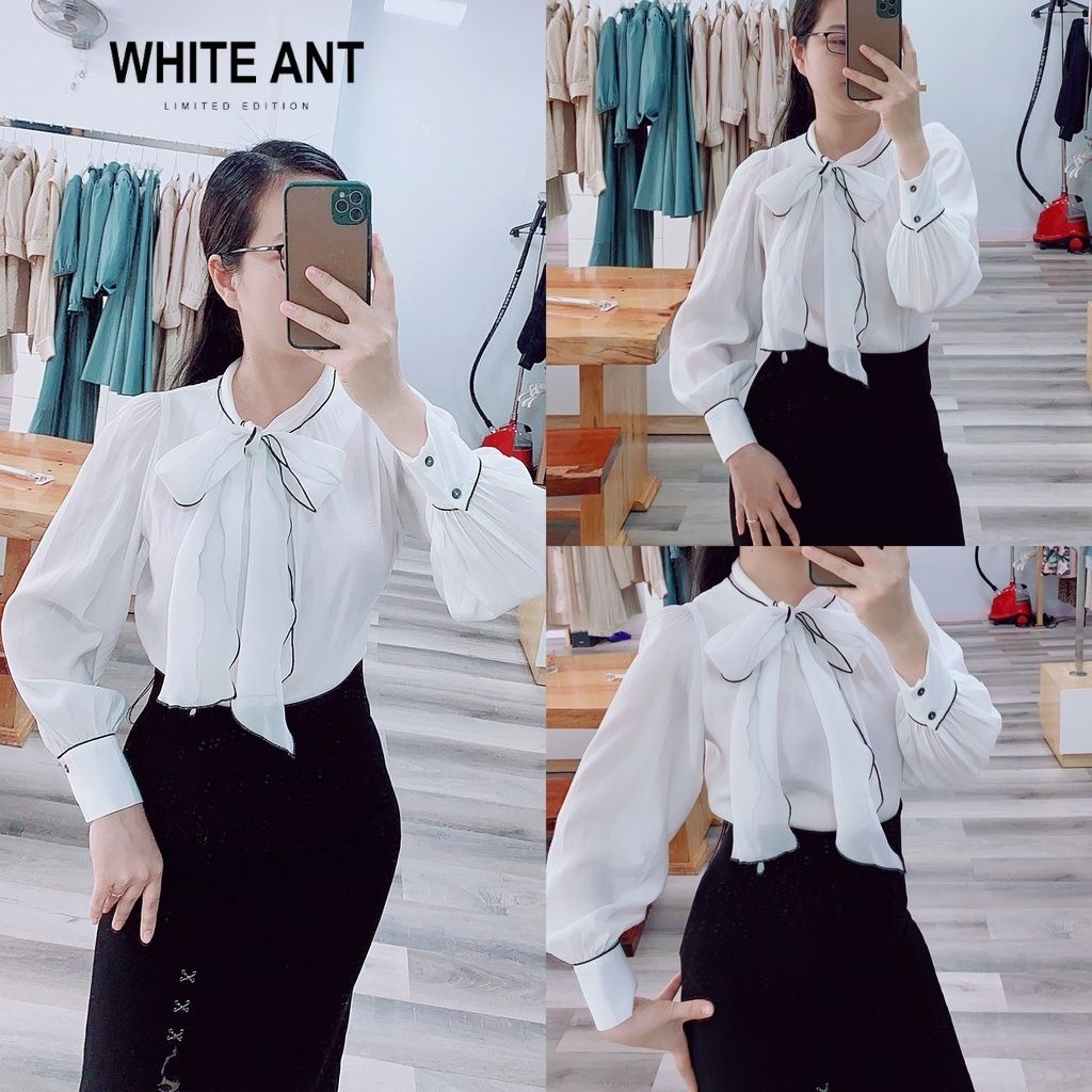 Áo Sơ Mi Nữ Công Sở Dài Tay WHITE ANT Thiết Kế Tay Bồng Kèm Dây Cổ Nơ, Chất Liệu Tơ Hàn Mềm Mịn 173303001