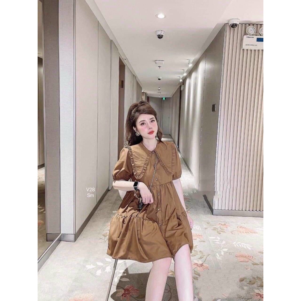 Đầm babydoll cổ bèo tay búp, đầm xoè phối nút cổ sen nàng bầu mặc được