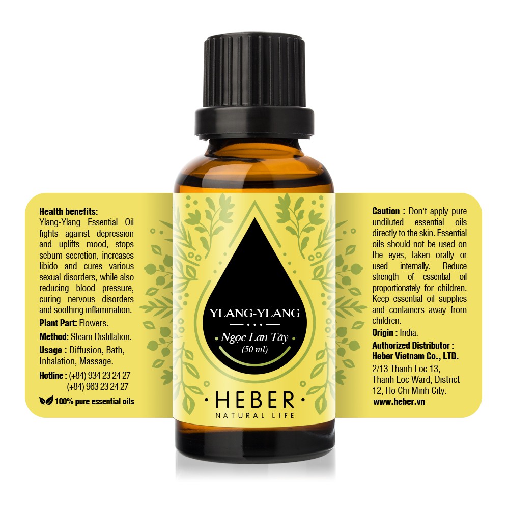 Tinh Dầu Ngọc Lan Tây Ylang Ylang Heber Natural Life, Cao Cấp Nhập Khẩu, Thiên Nhiên Nguyên Chất, Chai 10ml/30ml/50ml