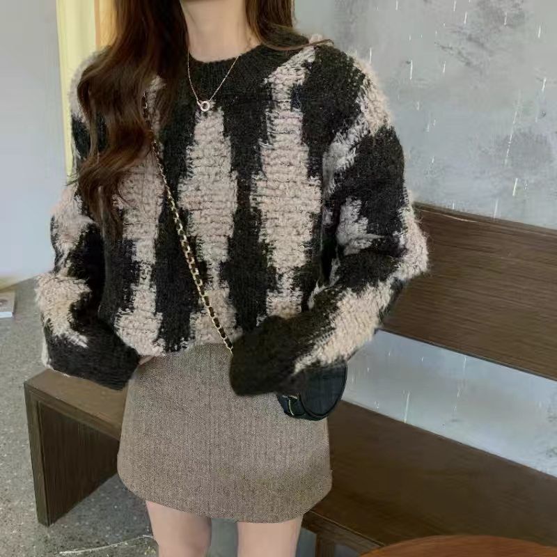 Áo Sweater Dáng Rộng Họa Tiết Sọc Caro Phong Cách Retro Nhật Bản Cho Nữ