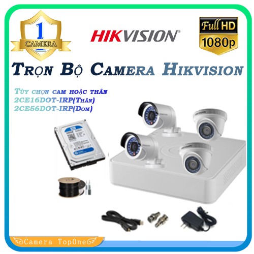 Trọn Bộ Camera Hikvision  FullHD 1080P 2.0M - Bộ 4 Camera Đầy Đủ Phụ Kiện, Kèm HDD 500GB/1TB WD