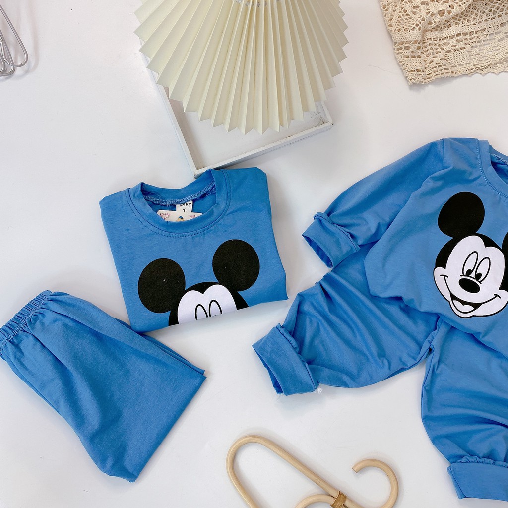 Bộ Quần Áo Dài Tay Mùa Thu In Hình Micky Xanh Trời Vải Cotton Cho Bé Trai Từ 8-20kg Mã DT21