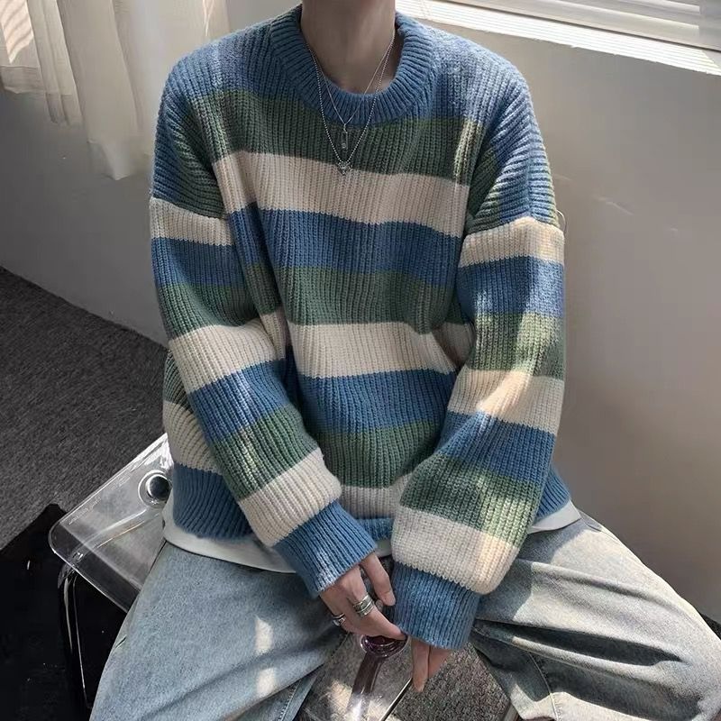 Áo sweater dáng rộng cổ tròn in kẻ sọc phong cách đơn giản cho nam áo len nữ áo sweater nữ form rộng