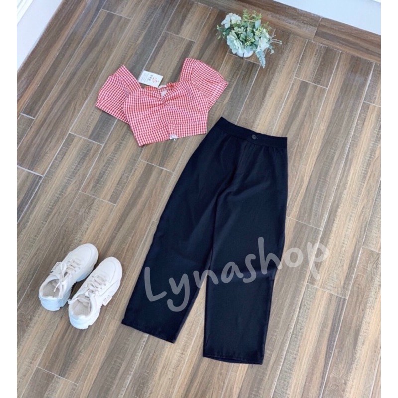 sét đồ nữ🍉Bộ Quần Culottes Áo Croptop Kẻ Đỏ 🍉 Set Nữ Quần Dài Áo Ngắn Cộc Tay 🍉 set quần áo xinh mặc lên cực sang chảnhh