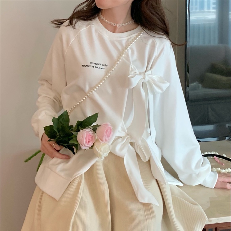 Áo sweater tay dài cổ tròn thiết kế thắt nơ đáng yêu dành cho nữ