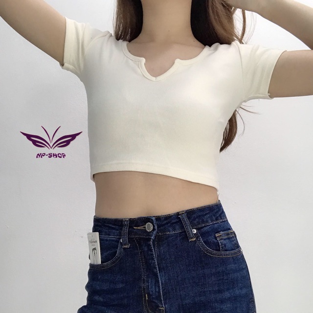 Áo croptop nữ chất thun gân cổ chữ v, áo ôm ngắn trên rốn NPAO012