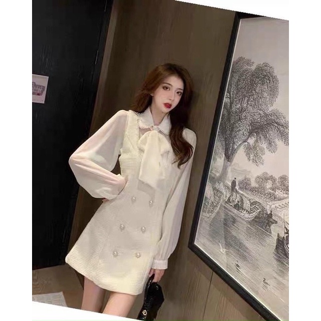 Set đầm dạ nut áo voan trắng nơ cổ lên form vừa thanh lịch vừa xinh xắn chất xịn giống mẫu