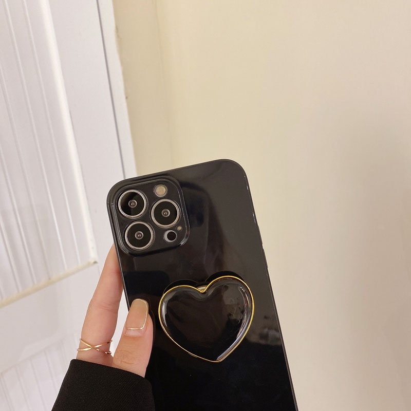 Ốp điện thoại màu đen có giá đỡ trái tim thích hợp cho iPhone 13 12 Mini 11 Pro XS Max X XR 6 6S 7 8 Plus