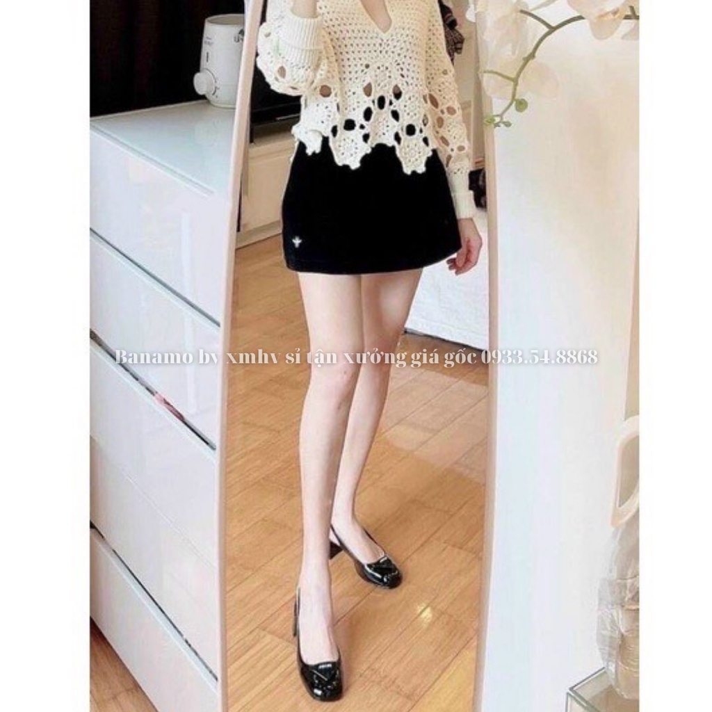 Chân váy thêu con ong cạp lưng cao dáng chữ A kiểu xòe phồng siêu đẹp 5345