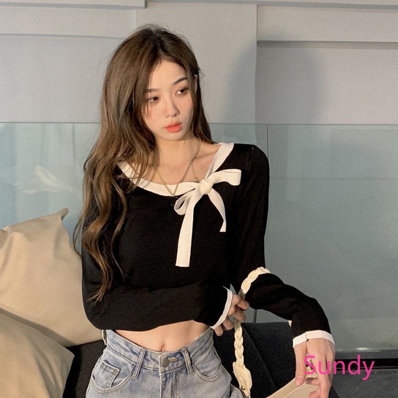 Áo Croptop Tay Dài Phối Nơ Thời Trang Mùa Thu Cho Bé Gái