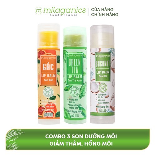 Combo 3 Son dưỡng môi, giảm thâm, hồng môi MILAGANICS (Son Trà Xanh 4.5g + Son Gấc 4.5g + Son Dừa 4.5g)