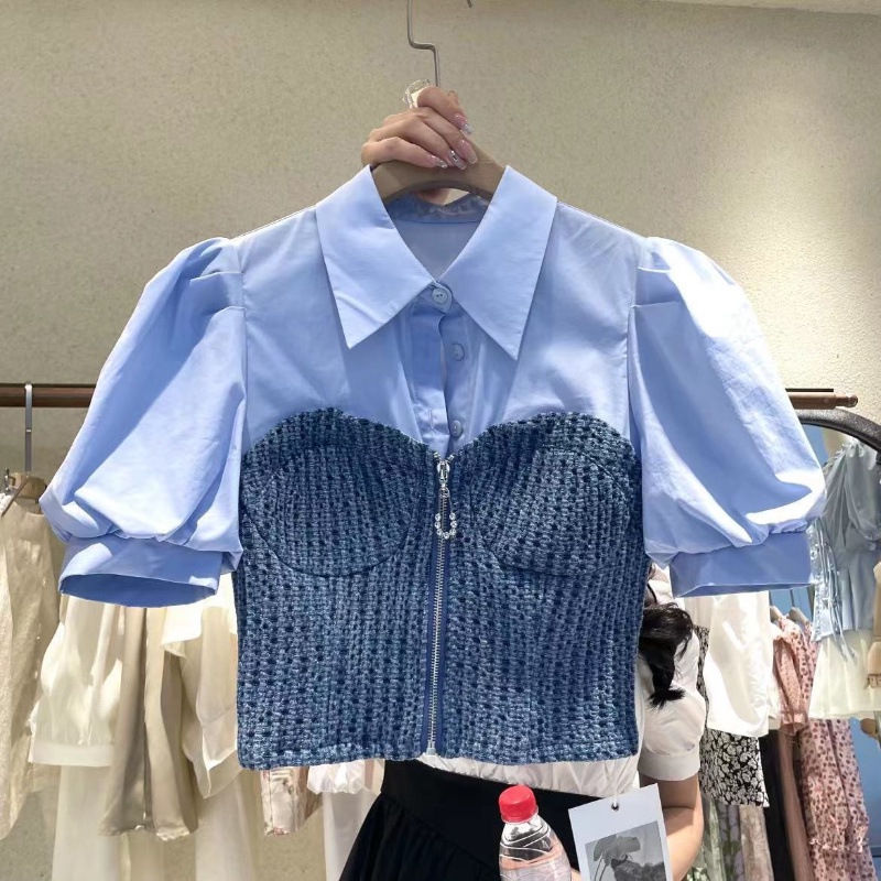 Áo sơ mi COZOKC denim ngắn tay dáng ôm kiểu cổ điển cá tính