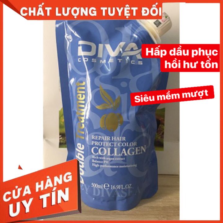 [CHÍNH HÃNG]  kem hấp dầu ,kem ủ tóc Phục Hồi tóc Hư tổn DIVA COLLAGEN SIÊU MƯỢT 500m  (dạng bịch màu xanh)  hàng loại 1