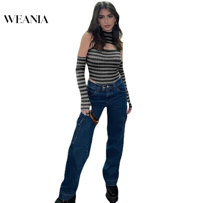 Bộ Áo Liền Quần Cổ Cao Kẻ Sọc Kèm Găng Tay Gợi Cảm Cho Nữ