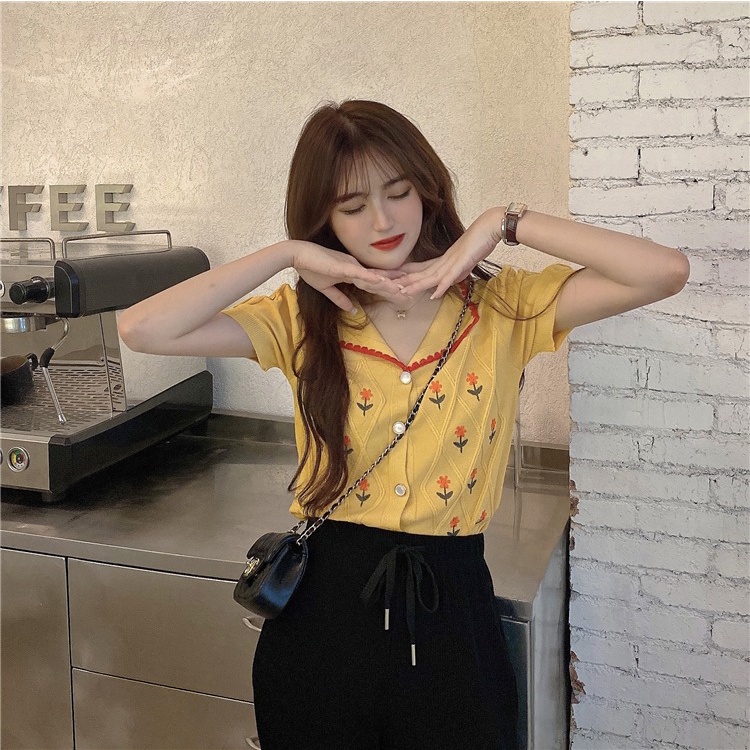 Áo thun polo ZHELIHANGFEI dệt kim tay ngắn thêu hoa phối ren dễ thương thời trang