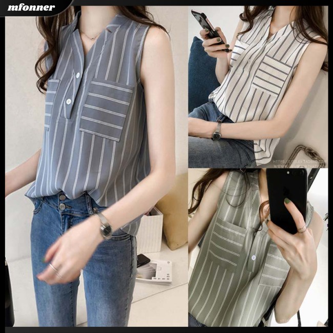 Áo Voan Sát Nách Cổ Chữ V Dáng Rộng Họa Tiết Kẻ Sọc Trẻ Trung Hợp Thời Trang Cho Bạn Gái
