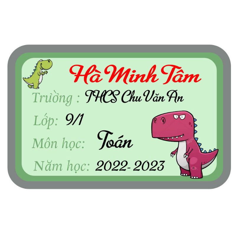 Set 5 nhãn vở khủng long điền tên theo yêu cầu. Tặng kèm sticker tên và hình dán.