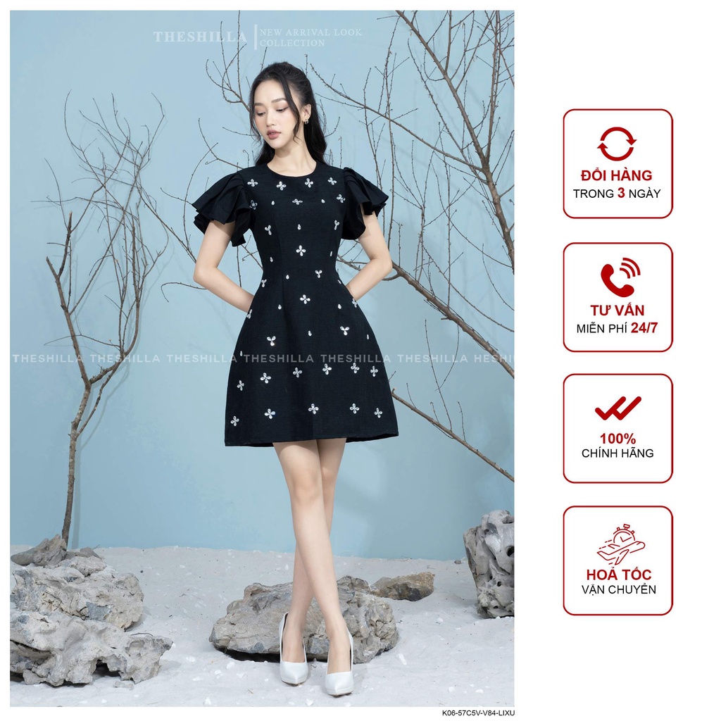 Váy thiết kế cao cấp màu đen tay ngắn họa tiết đính thủ công  The Shilla -K06-57C5